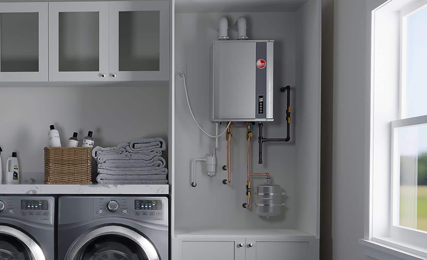 Wall-mounted tankless water heater in a laundry room